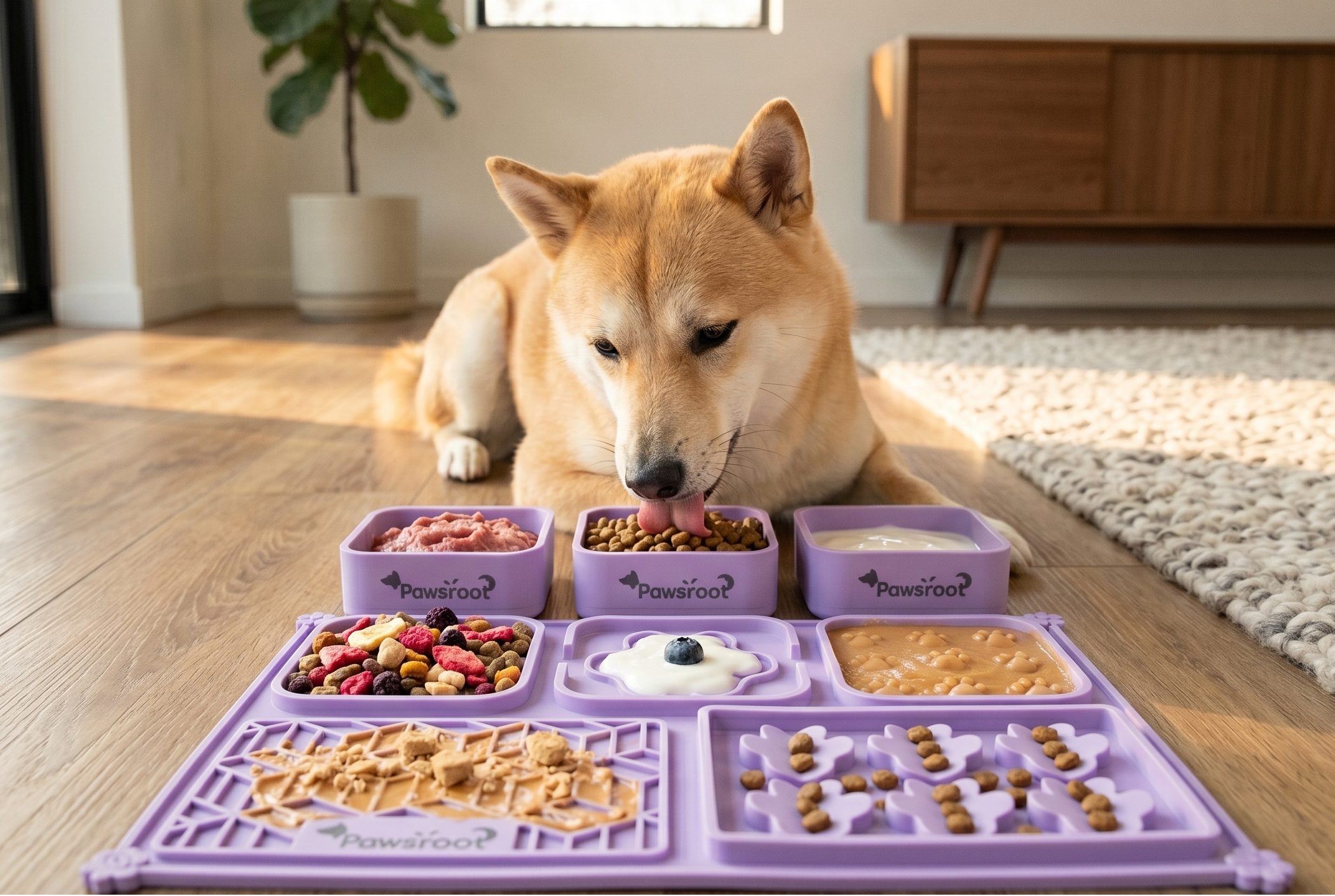 Dog eating from a purple pet mat with various food containers on a wooden floor.